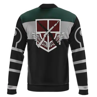 The Armored Titan Attack On Titan Bomber Jacket (Copy) is black and gray with green shoulders, a large emblem of crossed swords, wings, and a red and white shield on the back. The sleeves feature gray stripes and circular designs near the shoulders.