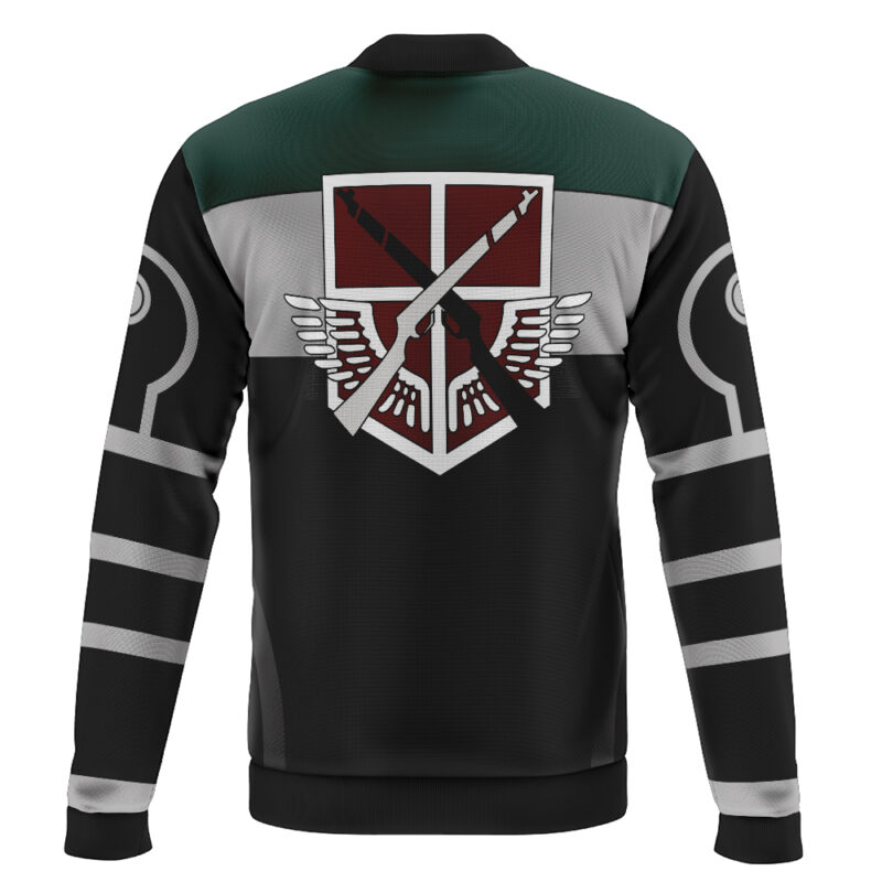 The Armored Titan Attack On Titan Bomber Jacket (Copy) is black and gray with green shoulders, a large emblem of crossed swords, wings, and a red and white shield on the back. The sleeves feature gray stripes and circular designs near the shoulders.