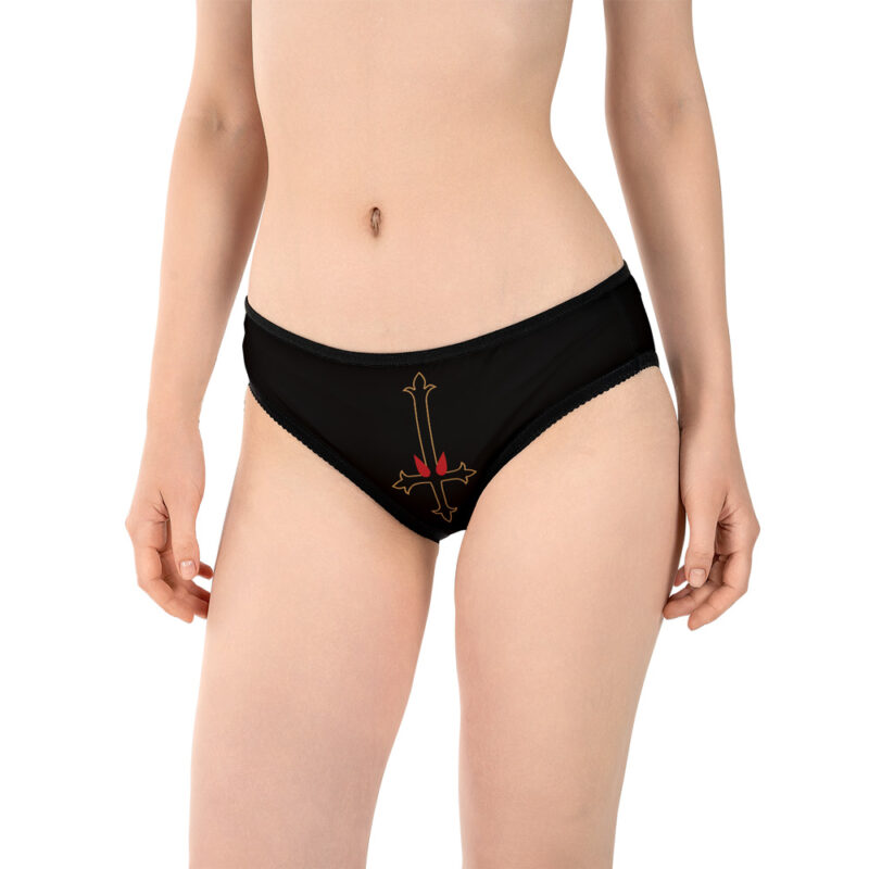 A woman models the Phantom Troupe Hunter X Hunter Panties, featuring a gold and red sword-like design on black fabric, shown from mid-chest to upper thighs against a plain background.