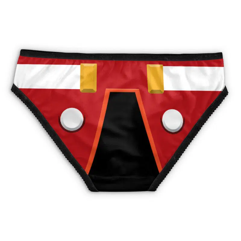 The Sonic Speedster Sonic the Hedgehog Panties are red bikini briefs with a superhero or robot-inspired face design, featuring white, black, gray circle accents, and yellow rectangles near the waistband.