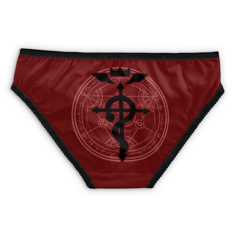 Chimera Nina Full Metal Alchemist Panties: Maroon underwear with black trim, showcasing a black alchemy symbol and a subtle transmutation circle design on the front.