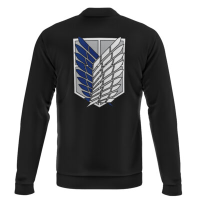 The Chimeran Army Yeagerist Attack On Titan Bomber Jacket (Copy) is a black jacket with a bold silver and blue winged emblem on the back, inspired by the Scout Regiment symbol from Attack on Titan.