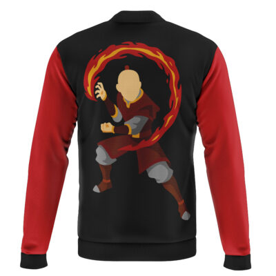 The Earthbender Toph Avatar The Last Airbender Bomber Jacket features a bold black and red design with a stylized illustration of Toph in a martial arts pose, generating a swirling ring of fire with one hand.