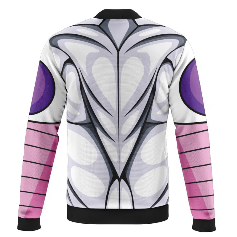 Back view of the Capsule Corp DBZ Casual Bomber Jacket, featuring white, purple, and pink patterns inspired by armored anime characters, with muscle-like and segmented armor plate designs.
