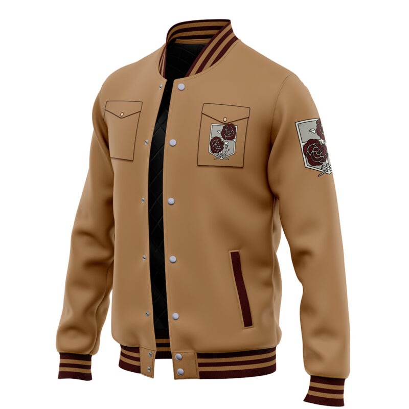 The Armored Titan Attack on Titan Varsity Jacket features a tan body with dark brown collar, cuffs, and trim, rose crest patches on the chest pocket and left sleeve, and an unzipped front revealing a black quilted lining.