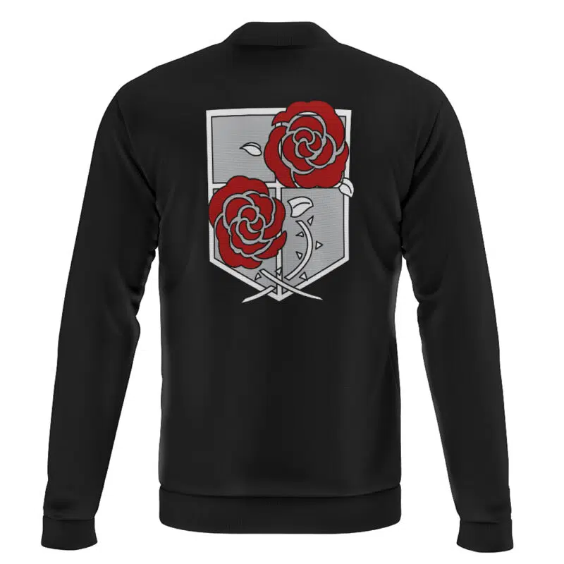 The Eren Titan Attack On Titan Bomber Jacket is black with a large back emblem displaying two red roses and crossed white swords on a gray shield.