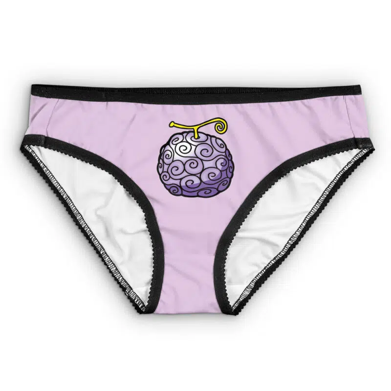 Curse Mark Shippuden Panties (Copy) – Lavender womens panties with black trim, featuring a whimsical purple fruit with spiral patterns and a yellow stem printed on the front center.