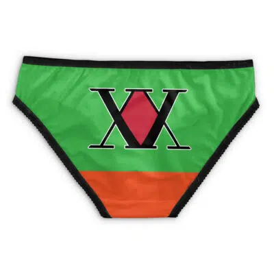 The Netero Hunter X Hunter Panties feature a green upper, orange lower section, black waistband, and a bold black XV with a red diamond on the front.
