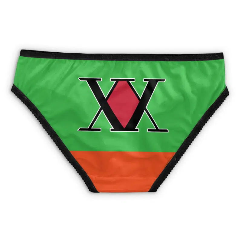 The Netero Hunter X Hunter Panties feature a green upper, orange lower section, black waistband, and a bold black XV with a red diamond on the front.