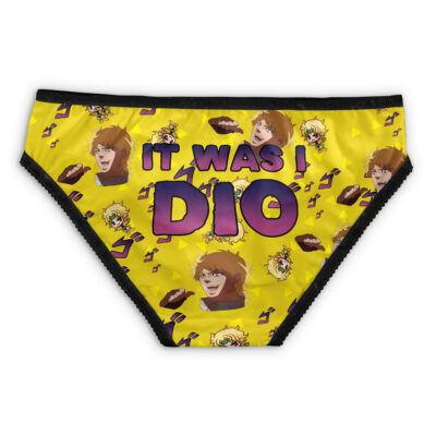 Jotaro Kujo Jojos Bizarre Adventure Panties: Yellow underwear with black trim, cartoon faces, lips, and IT WAS I, DIO in bold purple letters—perfect for fans of the iconic anime series.