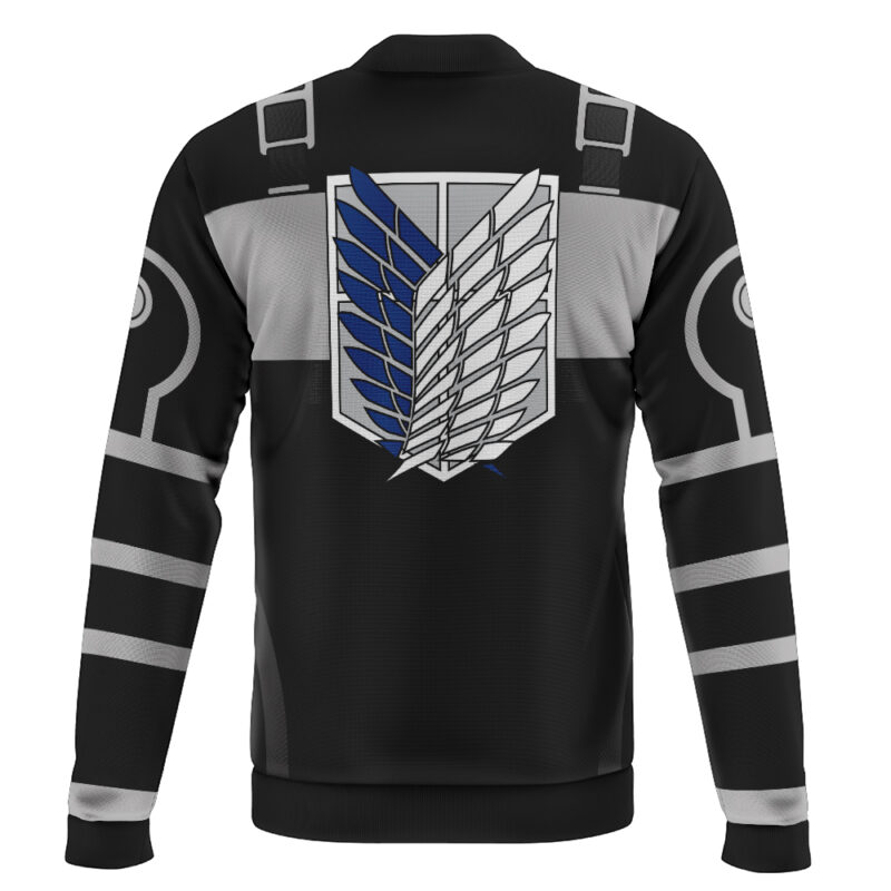 The Jaegerist Maroon Attack on Titan Bomber Jacket features strap and emblem details on the shoulders and sleeves, plus a large blue and white Wings of Freedom emblem on the back.