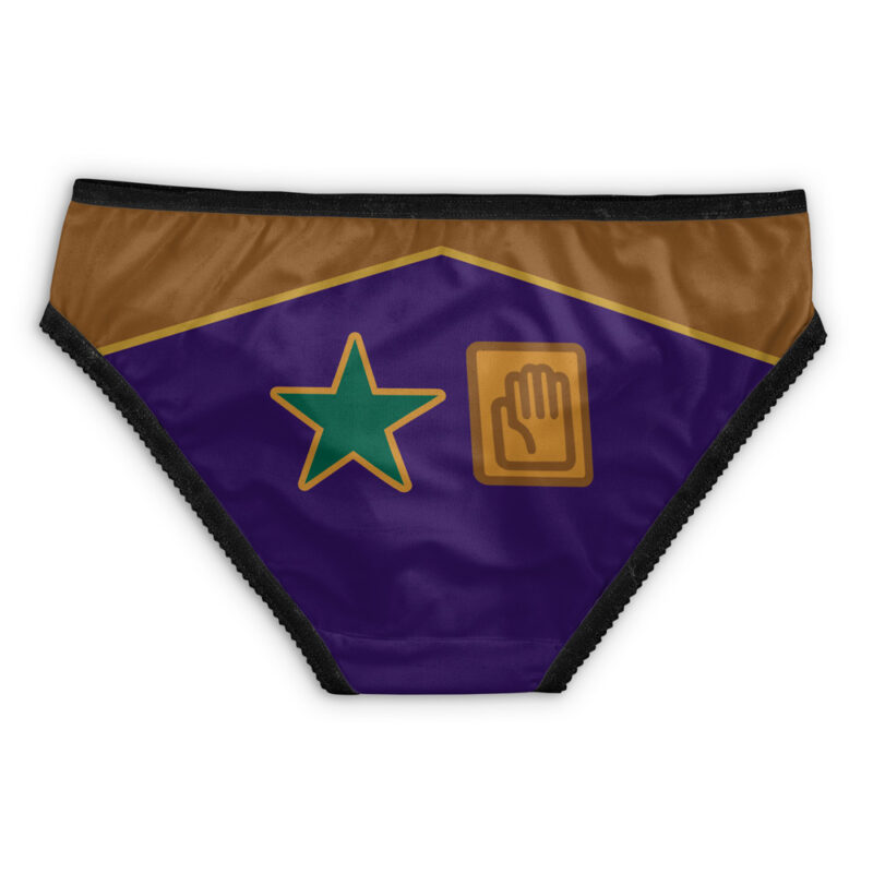 The Killer Queen Jojos Bizarre Adventure Panties feature a brown waistband, purple front panel, green star, gold rectangle with a raised hand symbol, and black trim around the leg openings.