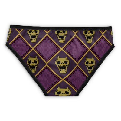 Menacing Aura Jojos Bizarre Adventure Panties: purple bikini bottoms with yellow skulls and diamond patterns outlined in gold, finished with black trim.