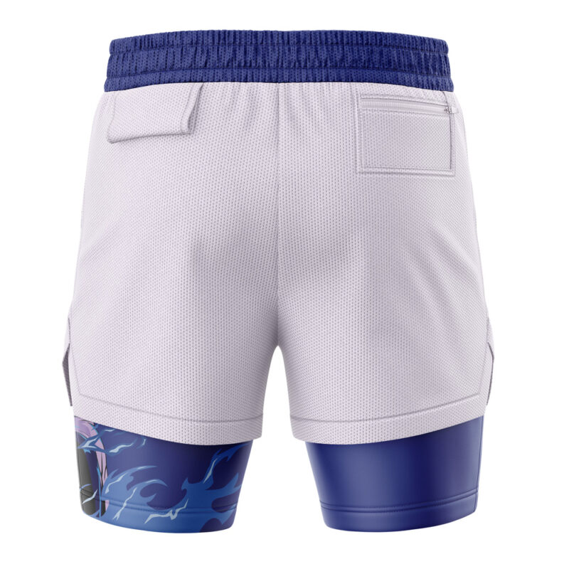 Back view of Majora’s Mask Wicked The Legend of Zelda 2-in-1 Performance Shorts: white athletic shorts with blue waistband, single back pocket, and blue compression shorts underneath featuring a blue and purple abstract design on the left leg.