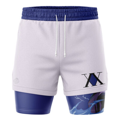 Majora’s Mask Wicked The Legend of Zelda 2-in-1 Performance Shorts feature white athletic fabric, a blue waistband, blue inner layer, black XX with blue diamond on the right leg, and abstract blue/black graphic on the left inner layer.