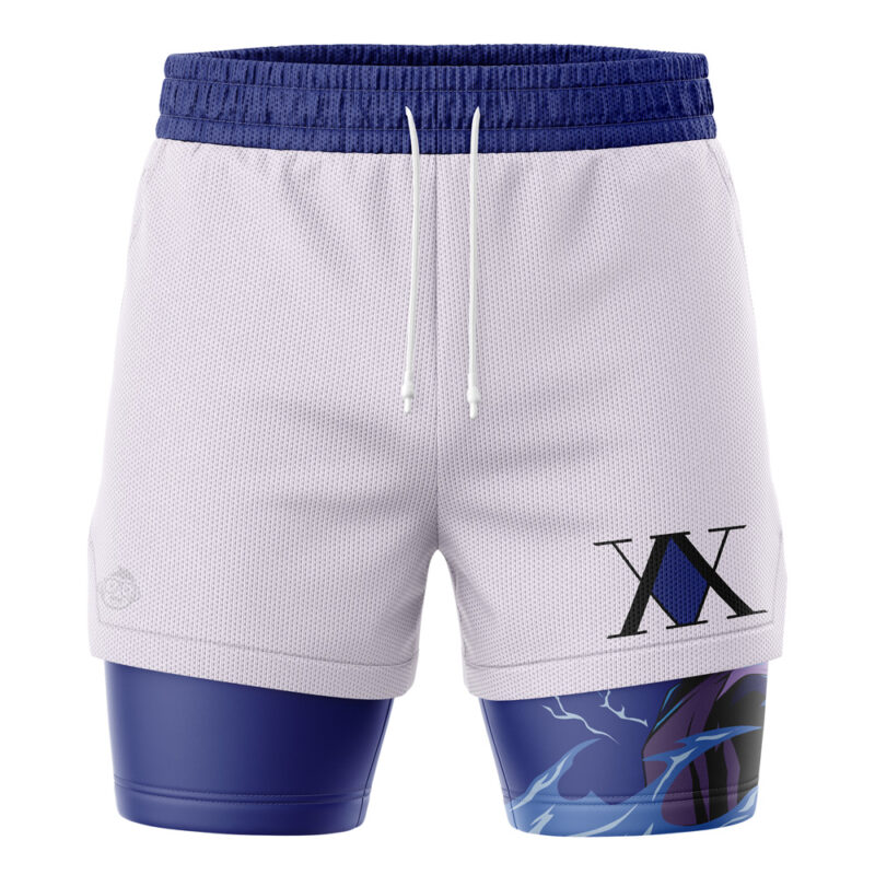 Majora’s Mask Wicked The Legend of Zelda 2-in-1 Performance Shorts feature white athletic fabric, a blue waistband, blue inner layer, black XX with blue diamond on the right leg, and abstract blue/black graphic on the left inner layer.