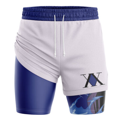 Majora’s Mask Wicked The Legend of Zelda 2-in-1 Performance Shorts feature a white mesh upper, dark blue waistband and left leg, a blue and black abstract design on the lower right leg, and bold XV print on the right thigh.