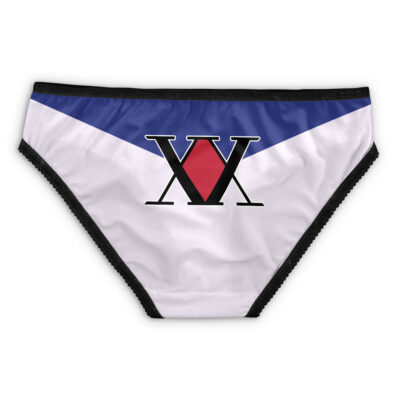 Kurapika Hunter X Hunter Panties (Copy): White underwear with black trim, featuring a blue triangle at the top, a red diamond in the center, and bold black XV lettering over the red shape.