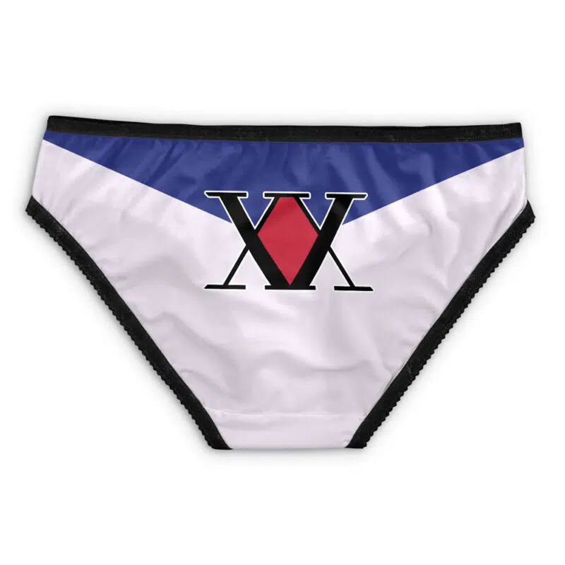 Kurapika Hunter X Hunter Panties (Copy): White underwear with black trim, featuring a blue triangle at the top, a red diamond in the center, and bold black XV lettering over the red shape.
