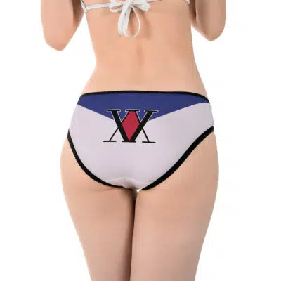 A person is seen from behind wearing Kurapika Hunter X Hunter Panties, featuring a blue, white, and red design with a large XV printed on the back. The photo highlights the unique swimwear’s rear style.