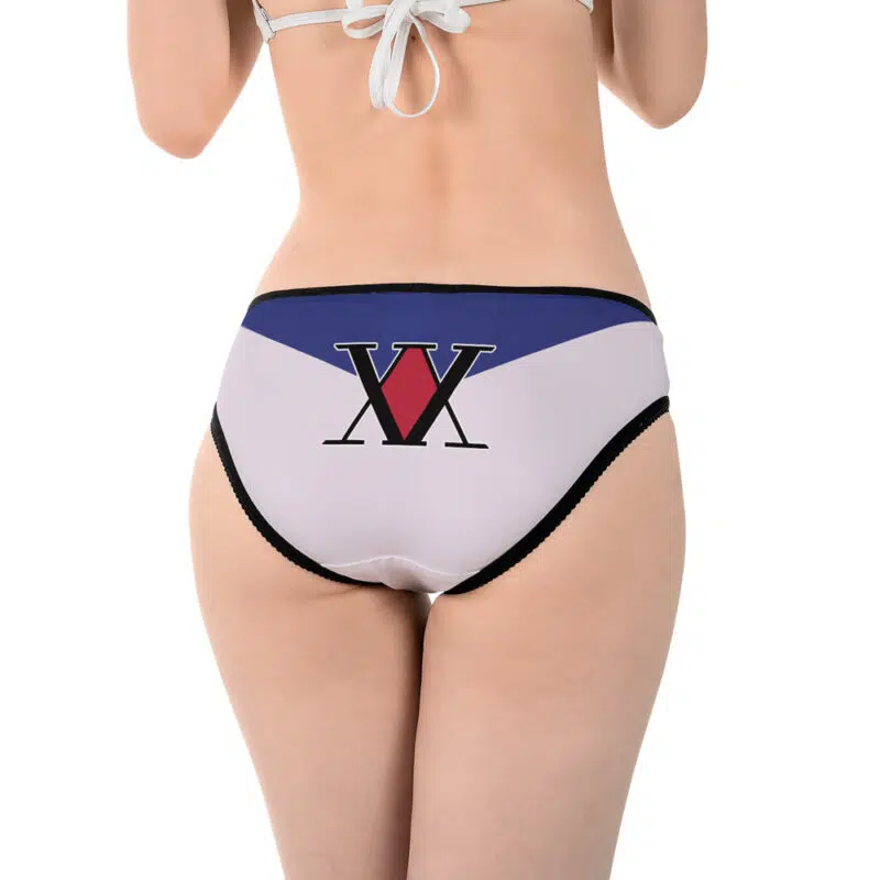 A person is seen from behind wearing Kurapika Hunter X Hunter Panties, featuring a blue, white, and red design with a large XV printed on the back. The photo highlights the unique swimwear’s rear style.
