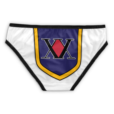 Hisoka Hunter X Hunter Panties: White underwear with black trim, blue shield on front outlined in yellow, large black X, and red diamond in the center.