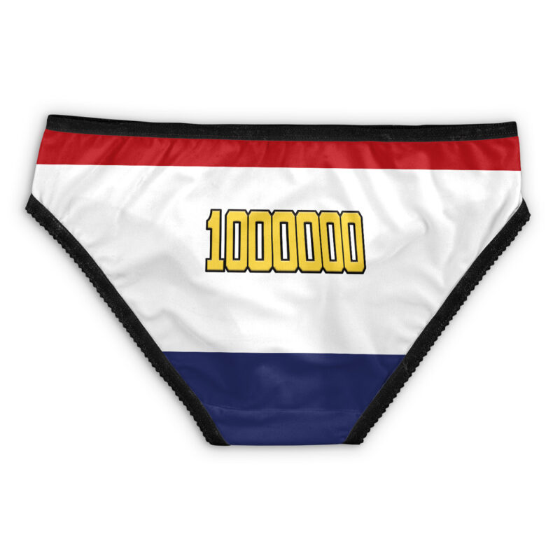 The Lemillion My Hero Academia Panties feature red, white, and blue horizontal stripes with the number 1000000 in bold yellow outlined letters across the center.