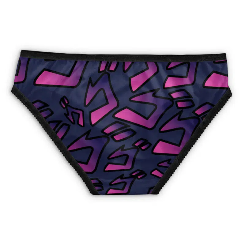 Mista Guido Jojos Bizarre Adventure Panties: Womens bikini underwear with a dark blue base, abstract magenta shapes outlined in black, and black-trimmed waistband and leg openings.