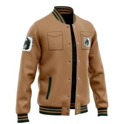 The Garrison Attack on Titan Varsity Jacket features tan fabric, green and black striped cuffs and collar, two front pockets, and wolf head patches on the chest and upper sleeve. Displayed against a white background.