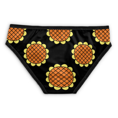 Black Doflamingo One Piece Panties featuring a repeating pattern of yellow sunflowers with orange, crisscrossed centers.