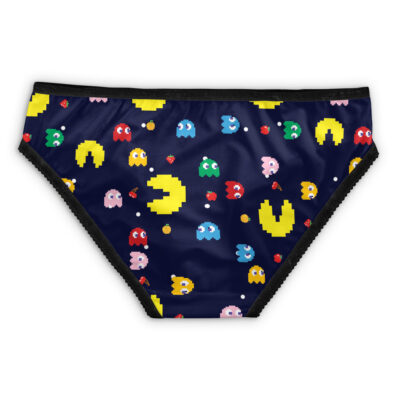 Umbrella Resident Evil Panties (Copy) in navy blue, decorated with a Pac-Man video game design featuring yellow Pac-Man, colorful ghosts, cherries, and scattered dots.