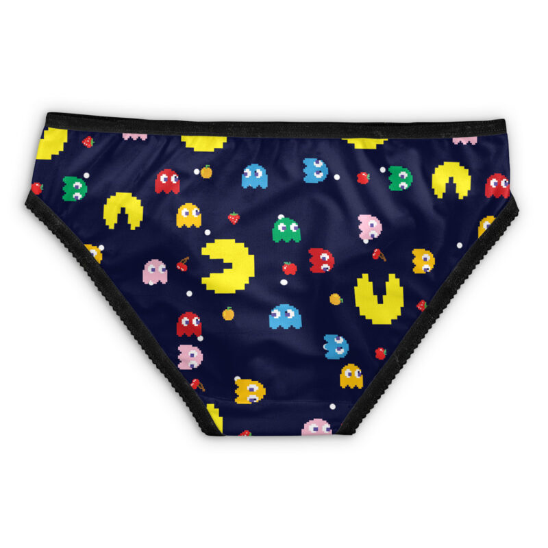 Umbrella Resident Evil Panties (Copy) in navy blue, decorated with a Pac-Man video game design featuring yellow Pac-Man, colorful ghosts, cherries, and scattered dots.