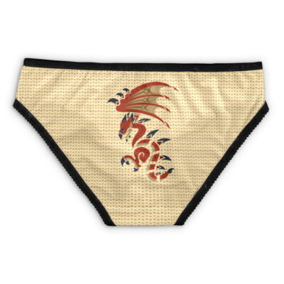 Vault Dweller Fallout Panties feature beige fabric with black trim, a stylized red and gold dragon graphic in the center, and a subtle geometric pattern background.