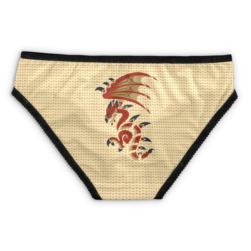 Vault Dweller Fallout Panties feature beige fabric with black trim, a stylized red and gold dragon graphic in the center, and a subtle geometric pattern background.