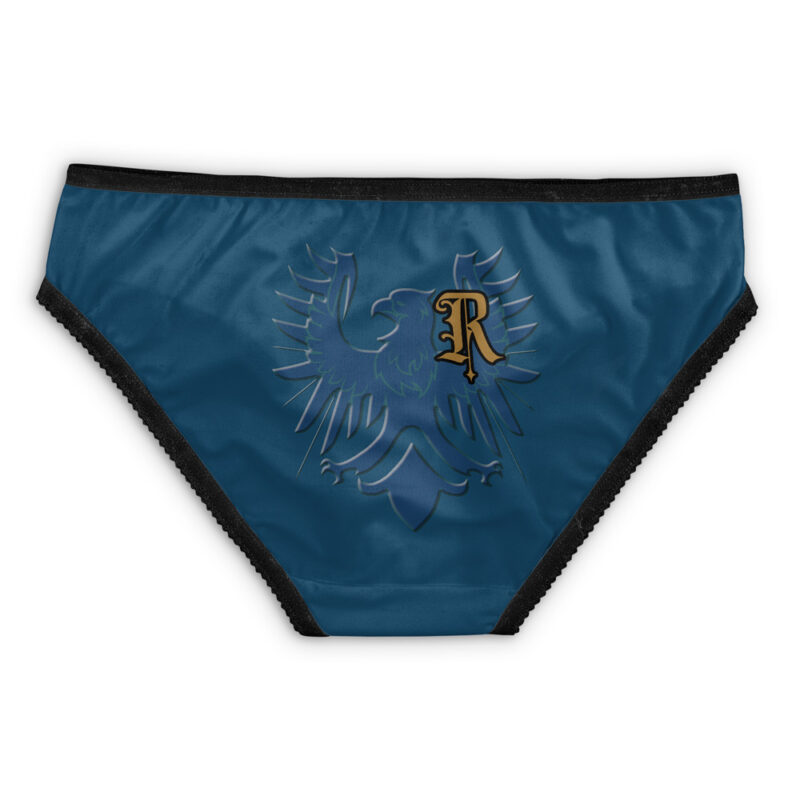 Blue Slytherin Hogwarts Legacy panties with black trim, featuring an eagle graphic and a gold letter R on the front center.