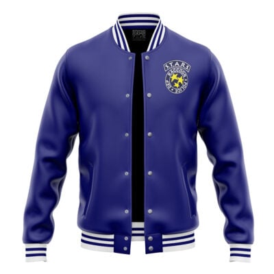 A blue Take Your Heart Persona 5 Varsity Jacket with white striped cuffs, collar, and hem is shown on a blank background. The left chest features a circular S.T.A.R.S. Raccoon Police patch with a yellow star in the center.