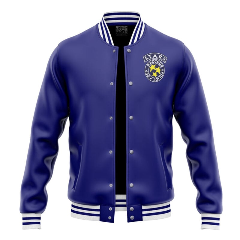 A blue Take Your Heart Persona 5 Varsity Jacket with white striped cuffs, collar, and hem is shown on a blank background. The left chest features a circular S.T.A.R.S. Raccoon Police patch with a yellow star in the center.