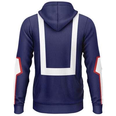 The Deku My Hero Academia Lightweight Hoodie is a navy blue hoodie with bold white geometric patterns down the back and red, white, and blue sleeve accents, inspired by superhero costumes.
