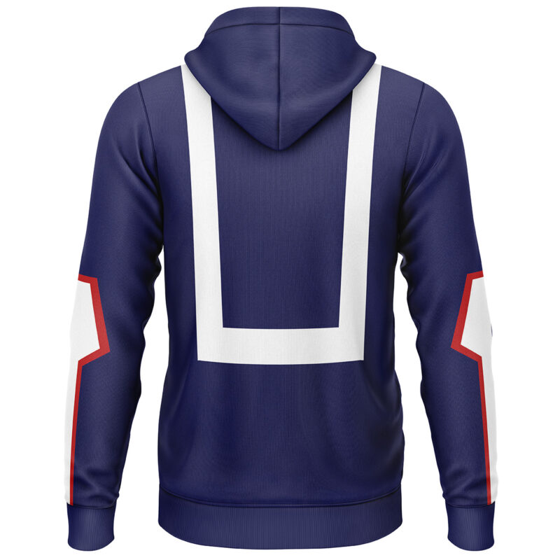 The Deku My Hero Academia Lightweight Hoodie is a navy blue hoodie with bold white geometric patterns down the back and red, white, and blue sleeve accents, inspired by superhero costumes.