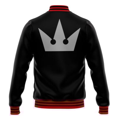 The Fenrir Final Fantasy 7 Varsity Jacket is black with red and black striped cuffs, collar, and hem, and features a large silver crown graphic on the back.