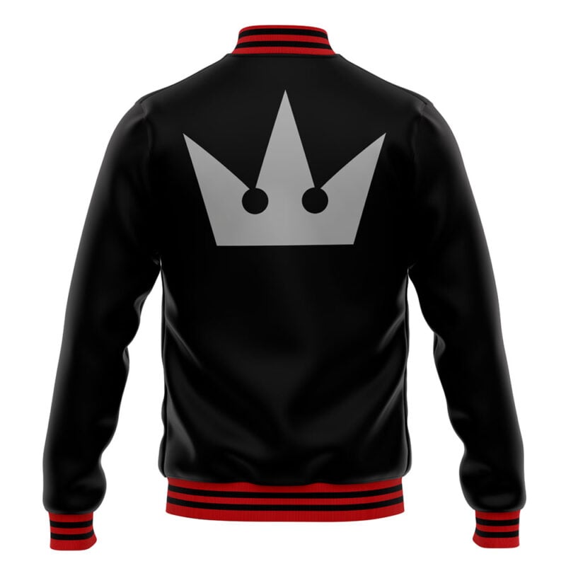 The Fenrir Final Fantasy 7 Varsity Jacket is black with red and black striped cuffs, collar, and hem, and features a large silver crown graphic on the back.