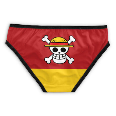 Trafalgar Law One Piece Panties (Copy): Red and yellow underwear with black trim, featuring a cartoon skull in a yellow hat, inspired by the Jolly Roger from One Piece.