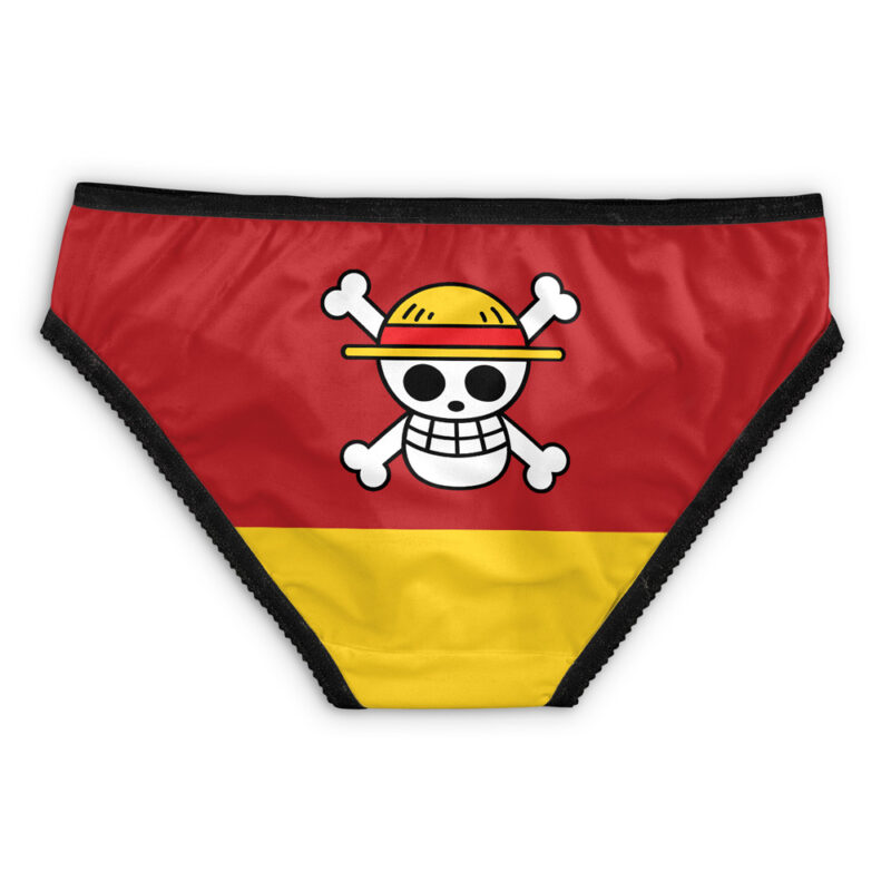 Trafalgar Law One Piece Panties (Copy): Red and yellow underwear with black trim, featuring a cartoon skull in a yellow hat, inspired by the Jolly Roger from One Piece.