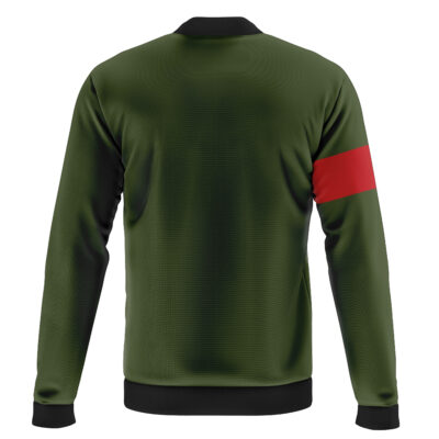The Military Police Green Top Attack On Titan Bomber Jacket features a green back view, black cuffs and waistband, and a bold red stripe around the left upper arm.