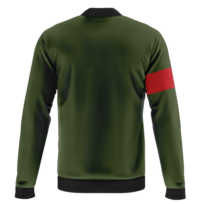 The Military Police Green Top Attack On Titan Bomber Jacket features a green back view, black cuffs and waistband, and a bold red stripe around the left upper arm.