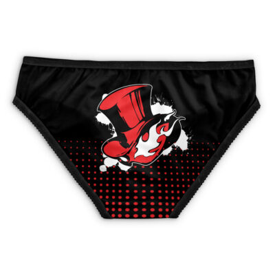 Fenrir Final Fantasy 7 Panties (Copy): Black underwear with a red and black top hat, flame, white splash design on the front, and a red dotted pattern on the bottom half.