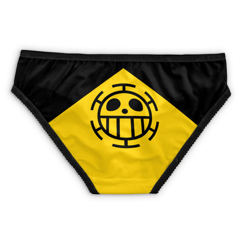 A pair of Gear 5 Luffy V2 One Piece Panties in black and yellow with a circular, stylized smiling skull logo on the front.