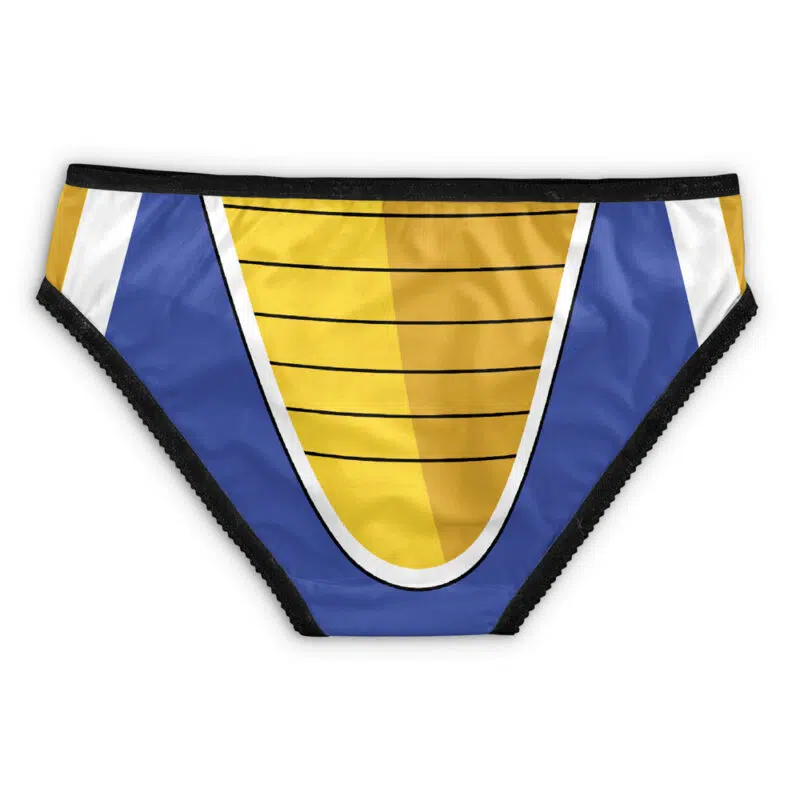The Piccolo Dragon Ball Z Panties are bikini-style underwear with a design inspired by a blue, yellow, and white armored suit, featuring black lines and trim.