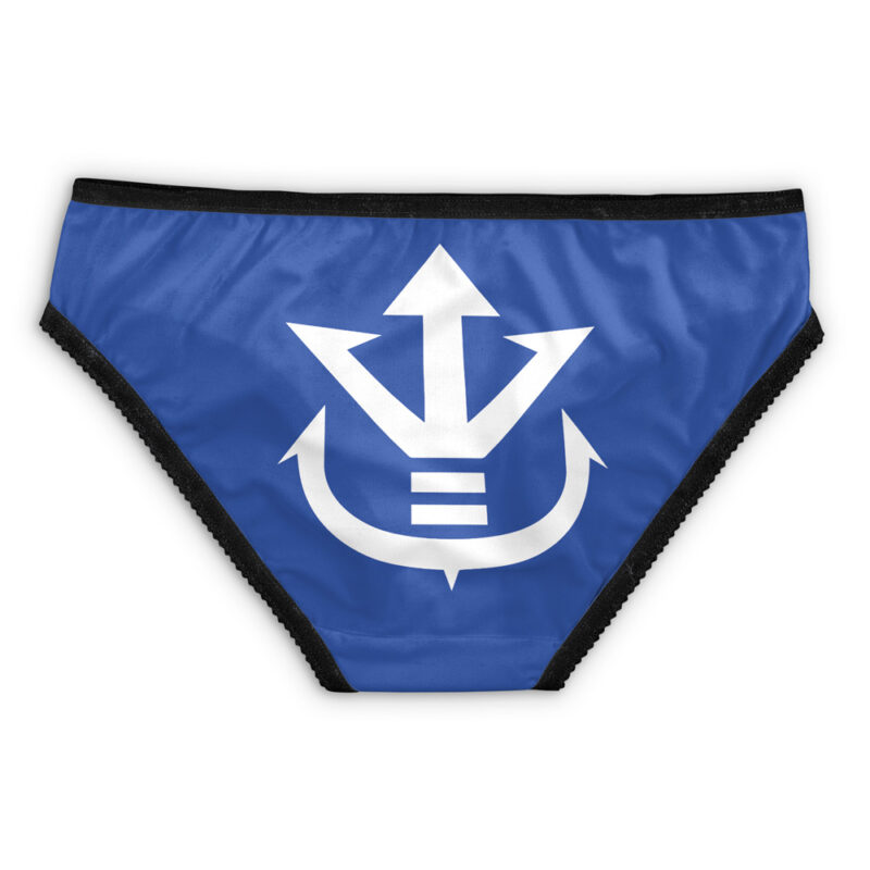 Blue bikini bottom with black trim, featuring a bold white graphic design inspired by Vegeta’s Super Armor from Dragon Ball Z.