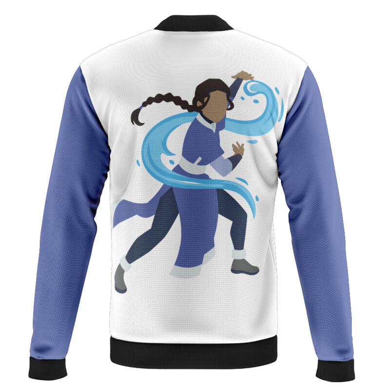 The Firebender Zuko Avatar The Last Airbender Bomber Jacket is a white and blue jacket featuring dynamic art of a dark-haired, braided character bending water in an action pose, surrounded by swirling water on the back.